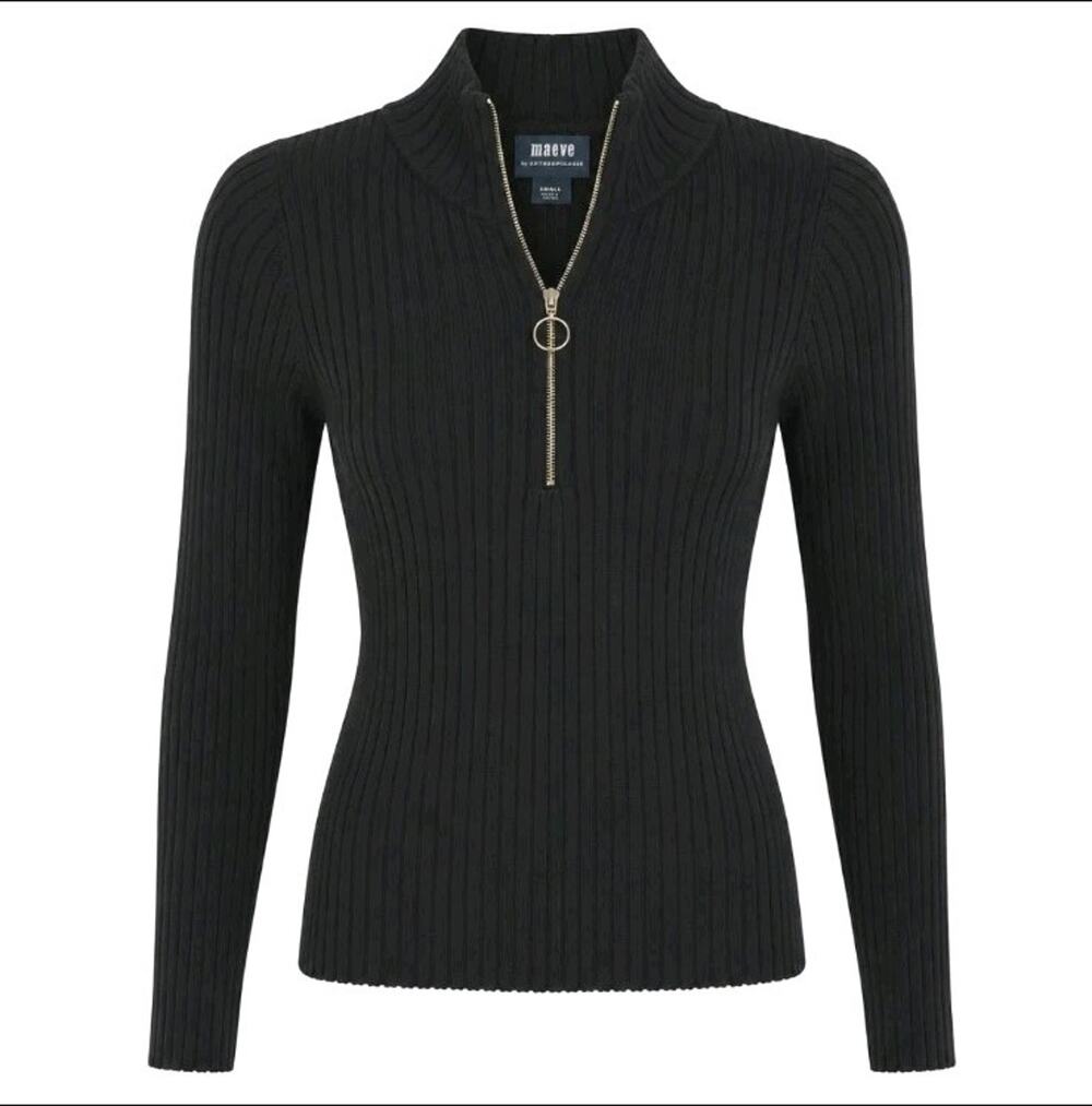 Maeve Anthropologie Ribbed Knit Quarter Zip Sweater Black Size Small Mock Neck